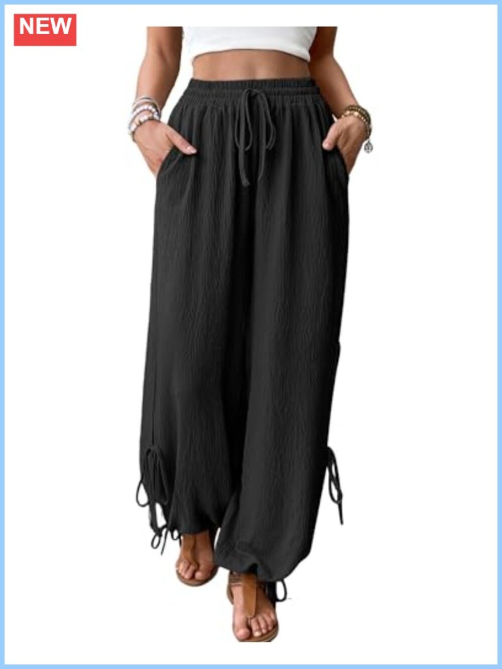 Wide Leg Palazzo Pants High Waist Flowy Trousers Side Tie Knot Beach Vacation